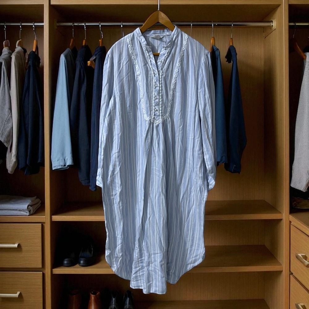 Amanda Stewart‎ Country XL Blue White Striped Lace Trim Long Sleeve Dress